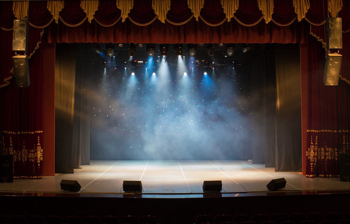 An empty theater stage illuminated by spotlights